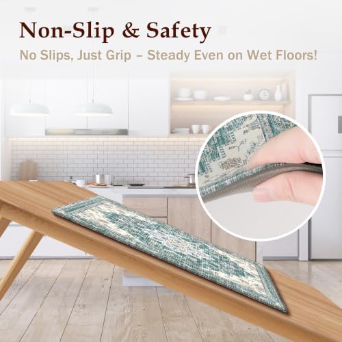 Boho Kitchen Mats for Floor 2PC Anti Fatigue Kitchen Rugs, Blue Green - Image 4