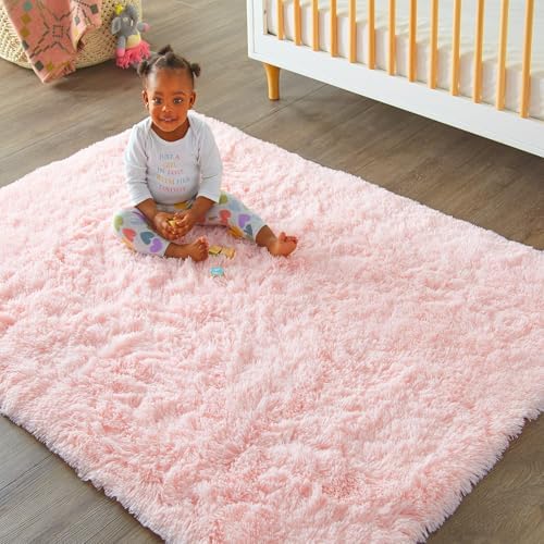 Ophanie Pink Area Rugs for Bedroom Girls, 5x8 Kids Fluffy Fuzzy Furry Shag Carpet, Plush Soft Cute Baby Shaggy Bedside Indoor Floor Rug for Teen Dorm Decor, Nursery with Over 99 pcs Pile fibers - Image 5