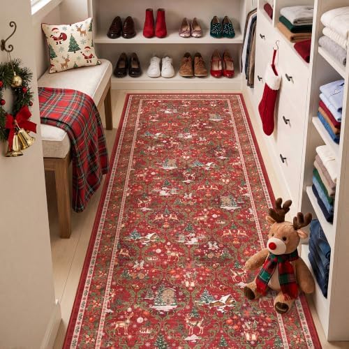 3x8 Christmas Runner Rug for Hallway,Washable Kitchen Rug,Red - Image 4