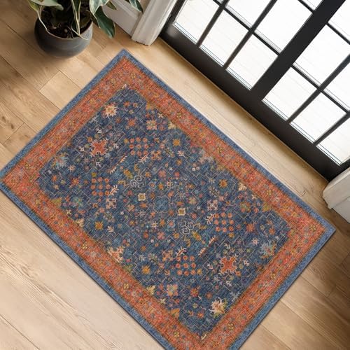 Hazo Haus Washable 2x3 Entry Rug Front Door Indoor, Farmhouse Small Area Rugs for Kitchen, Bathroom, Entrance, Non Slip Rubber Backed, Perfect for Boho Décor (2x3 Navy Blue) by HazoHaus
