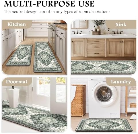 Boho Kitchen Mats for Floor 2PC Anti Fatigue Kitchen Rugs, Green - Image 6