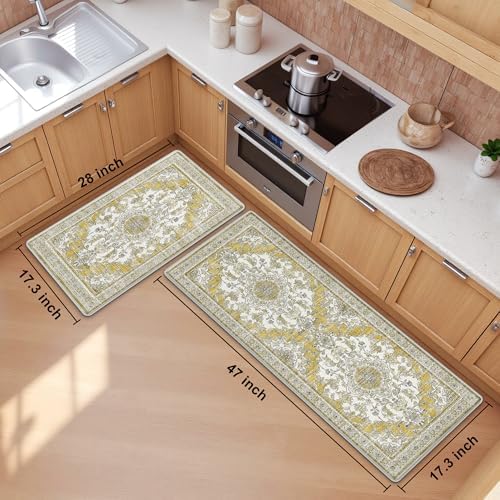 Boho Kitchen Mats for Floor 2PC Anti Fatigue Kitchen Rugs, Yellow - Image 2