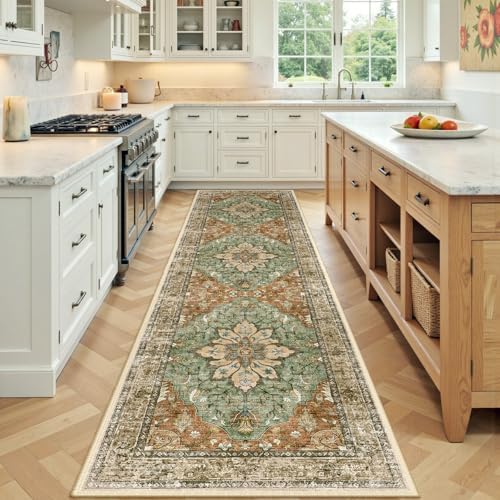 RELEANY Washable Area Rug, Runner 3'x9', Brick/Brown/Green by RELEANY