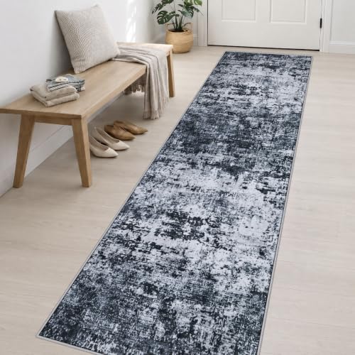 2.6x14 Washable Runner Rug:Modern Abstract Indoor Carpet Black - Image 4