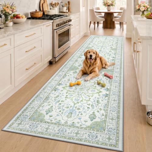 RELEANY Washable Area Rug, Runner 3'x10', Green/White/Blue by RELEANY