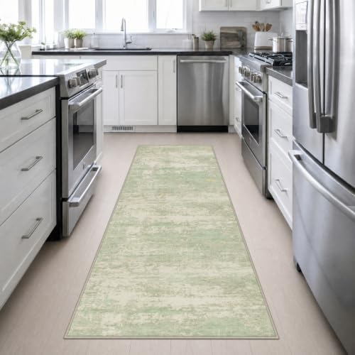 3x10 Washable Runner Rug：Modern Abstract Soft Carpet Green Cream - Image 5