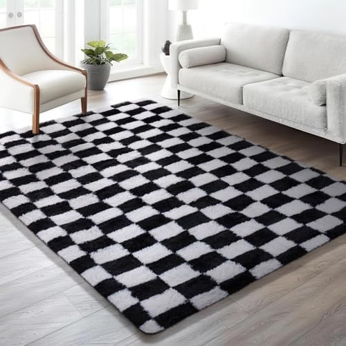 Ophanie Checkered Black & White Rug for Living Room Bedroom,Fluffy Soft Cute Fuzzy Area Rugs,Shag Plush Shaggy Bedside Floor 6x9 Furry Carpet Kids Baby Teen Dorm Decor with Over 99 pcs Pile fibers - Image 5