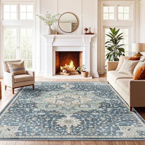 Amada 6x9 Washable Area Rug for Dining Room, Blue/Yellow, Vintage Pattern by AMADAHOMEFURNISHING