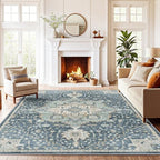 Amada 6x9 Washable Area Rug for Dining Room, Blue/Yellow, Vintage Pattern by AMADAHOMEFURNISHING