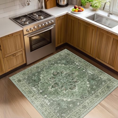 RELEANY Washable Area Rug, Square 4'x4', Green/Dark Green/Gray by RELEANY