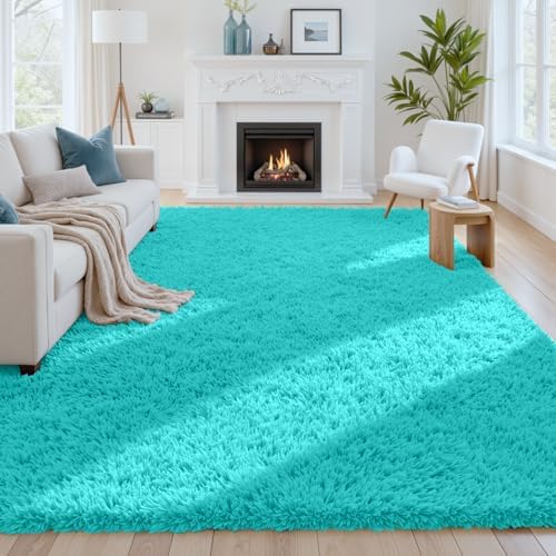 8x10 Fluffy Shag Area Rugs for Living Room Bedroom: Soft Carpet Teal Blue by CarpetAddColortoYourLife