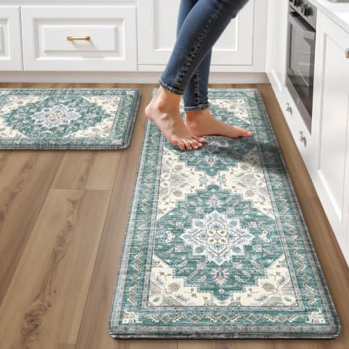 Boho Kitchen Mats for Floor 2PC Anti Fatigue Kitchen Rugs, Blue Green by tubeamin