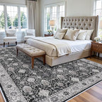 Washable Large 9x12 Area Rug: Indoor Oriental Living Room Carpet with Non Slip Backing Ultra Soft Low Pile Rugs for Bedroom Dining Room Distressed Stain Resistant Thin Floor Mat (9x12 Black) - Image 2
