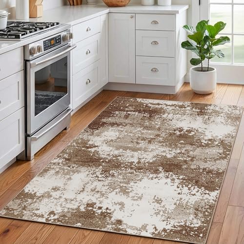 Entryway Rug 3x5 Brown Door Mat Indoor Entrance 36x60, Washable Small Throw Rugs for Kitchen Floor, Entry, Front Door, Bedroom Bedside, Non-Slip Low Pile Stain & Fade Resistant, Abstract Coffee - Image 2