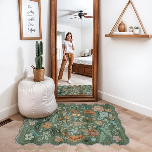 Washable Floral 2x3 Area Rug: Indoor Soft Scalloped Carpet for Entryway Kitchen Nursery Non-Slip Water Resistant Bathroom Laundry Floor Mat Low Pile Durable Door Mat(2x3 Floral/Green) - Image 6