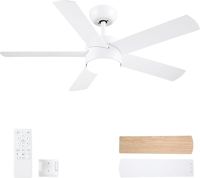 POCHFAN 42 inch White Ceiling Fans with Lights and Remote, LED Dimmable 3 CCT Temperatures 6-Speed, Noiseless Modern Ceiling Fan for Bedroom, Living Room, Dining Room, ETL Listed