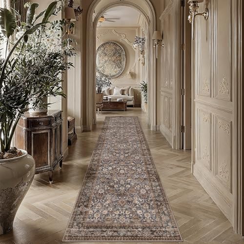 HUGEAR 2'6''x12' Brown Blue Vintage Floral Washable Runner Rug for Hallway - Image 2