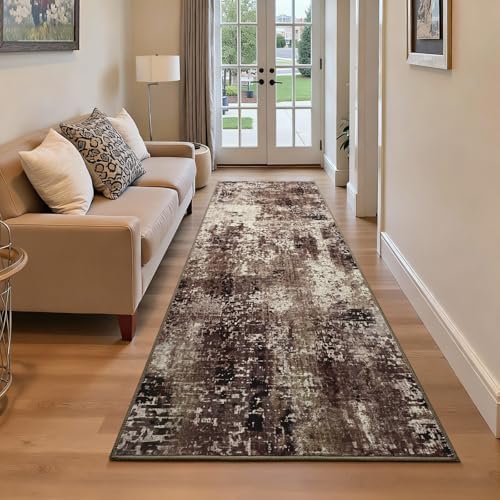 Runner Rug for Kitchen Coffee Hallways Runner Rug Non Slip 2'6''x8' Washable Brown Long Runner Rugs with Rubber Backing Soft Abstract Carpet Runner for Entryway, Kitchen, Bedroom, Bathroom by OmpaaHomeDecor