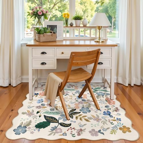 Floral Square Area Rugs for Family: Washable 5x5 Scalloped Carpet for Living Room Bedroom Soft Water Resistant Floor Mat with Non Slip Backing for Kitchen Nursery Dorms Farmhouse Home Decor(5x5,Cream) - Image 3