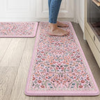 Collive Kitchen Mats for Floor, Pink Floral Rugs 17.3"x47"+17.3"x29" by Collive