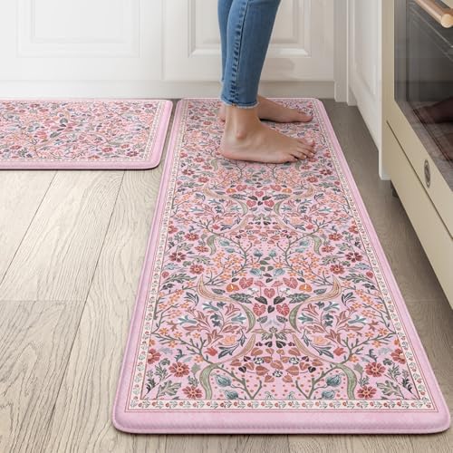 Collive Kitchen Mats for Floor, Pink Floral Rugs 17.3"x47"+17.3"x29" by Collive
