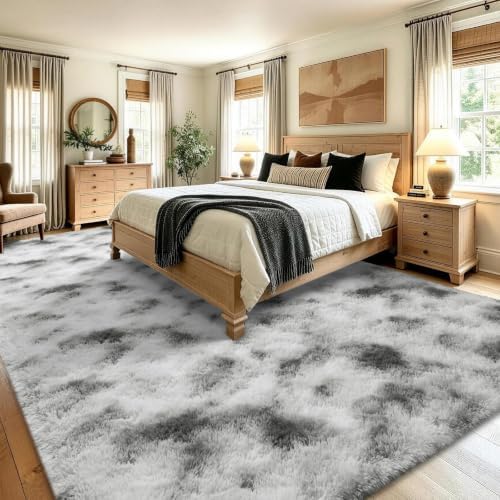 8x10 Extra Large Tie-Dyed Grey and White Fluffy Area Rug Non-Slip for - Image 4