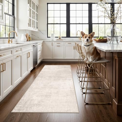 3x6 Washable Hallway Runner Rug: Abstract Stain Resistant Bathroom Kitchen Rug Farmhouse Ultra Soft Bedroom Entryway Print Floor Mat Thin Non-Slip Indoor Carpet for Living Room Laudry(3x6,Beige/Cream) - Image 2