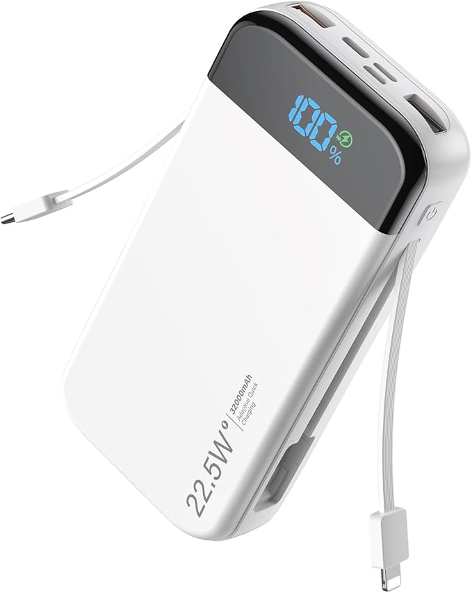 LENGSUM Portable Charger Power Bank 32000mAh with Built in Cables, PD3.0 USB C Fast Phone Charger, 5 Outputs LCD Display Travel Battery Pack Compatible with iPhone, Samsung All Cell Phones (White)
