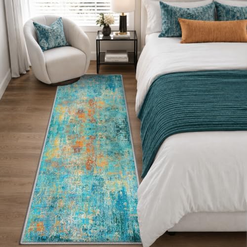 RELEANY Washable Runner 2'x6' Abstract Area Rug for Hallway Teal Multi - Image 3