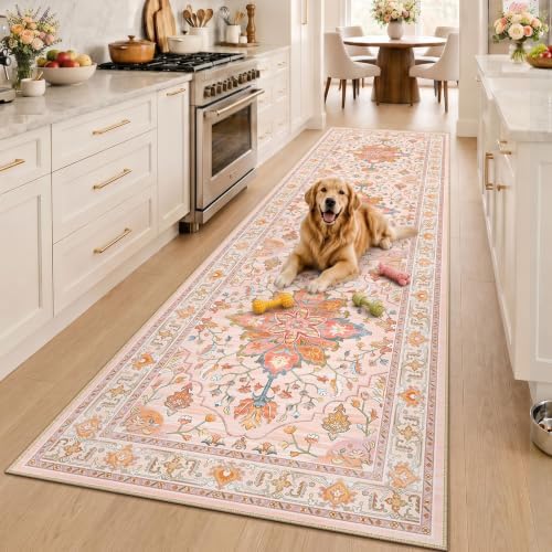 RELEANY Washable Area Rug, Runner 3'x10', Pink/Light Pink/Colorful by RELEANY