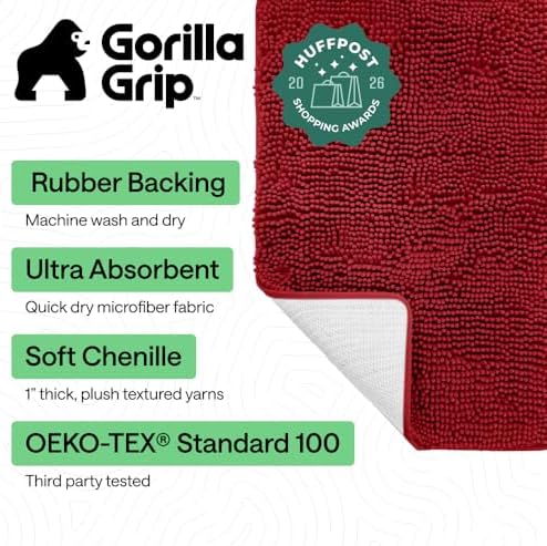 GORILLA GRIP Bath Rug Mat for Bathroom, Absorbent Chenille, 36x24 Red - Image 2