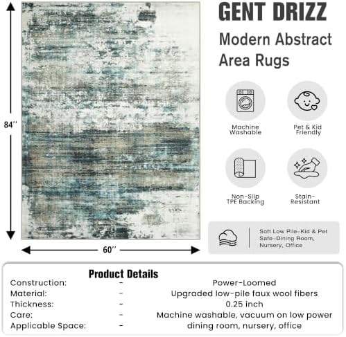 5x7 Area Rugs for Living Room: Washable Abstract Teal Green Bedroom Carpet - Image 2