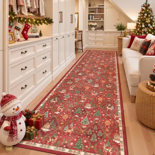 Madane Christmas Hallway Runner Rugs 3x10, Red Kitchen Runners Non Slip by Madane