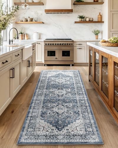 Amada 2'6" x 8' Washable Runner Rug for Hallway, Blue, Vintage Style by AMADAHOMEFURNISHING