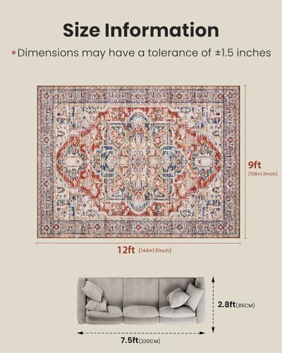 Amada Large 9x12 Washable Area Rug for Living Room, Red, Vintage Pattern - Image 2