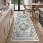 Madane Blue Runner Rug, 2x5, Low-Pile, Non-Slip, Washable, Stain Resistant, Retro, Machine-Made, Microfiber, Floral, Kitchen, Living Room, Bedroom, Laundry Room - Image 3