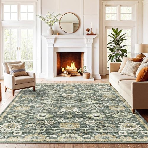 Amada 5x7 Washable Area Rug for Living Room, Green/Brown, Vintage Pattern by AMADAHOMEFURNISHING