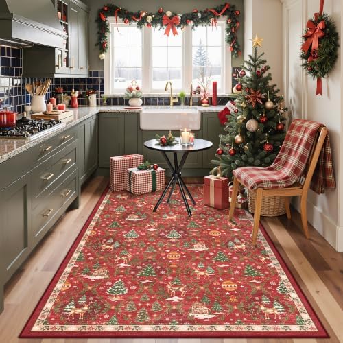 Madane Washable Christmas Area Rugs 4x6, Red Non-Slip Low-Pile Accent Rug - Image 3