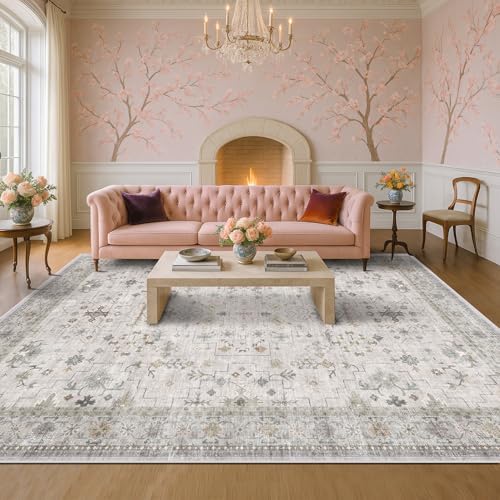 Large Light Gray & Sage 10x14 Living Room Rug - Vintage Floral Area Rug for Dining Room, Washable Low Pile Bedroom Carpet, Modern Eclectic Geometric Decor & Stain Resistance - Image 6