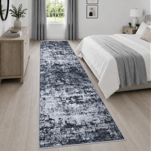2.6x14 Washable Runner Rug:Modern Abstract Indoor Carpet Black - Image 3