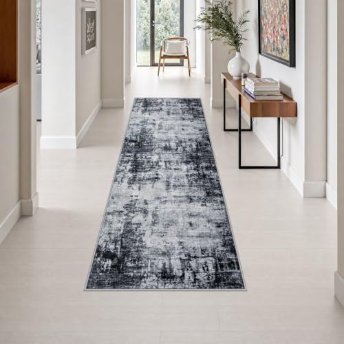 2.6x8 Washable Runner Rug：Modern Abstract Soft Carpet Dark Black by FXRHLP