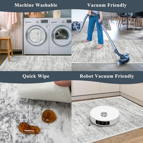 2x10 Runner Rug Non-Slip Washable Kitchen, Vintage Boho Carpet with Rubber Backing for Hallway Entryway Hall Holiday Farmhouse Neutral Cream Long Runners (Grey/Ivory,2'x10') - Image 7