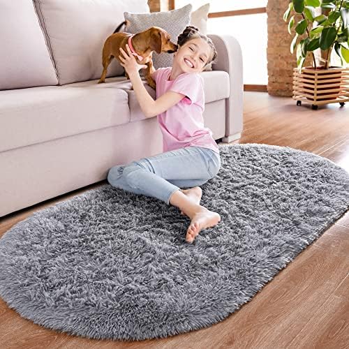 Noahas 2x5 Grey Fluffy Soft Oval Rug Non-Slip for Bedroom Dorm Hallway - Image 2