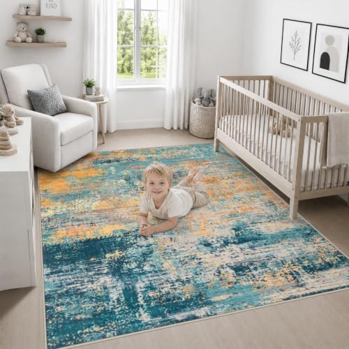 Area Rug Living Room: 5x5 Modern Washable Soft Carpet Rosy Haze - Image 5