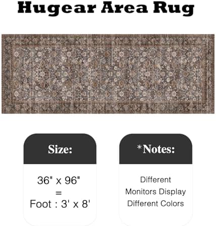 HUGEAR 3x8 Brown Blue Vintage Floral Washable Runner Rug for Hallway - Image 2