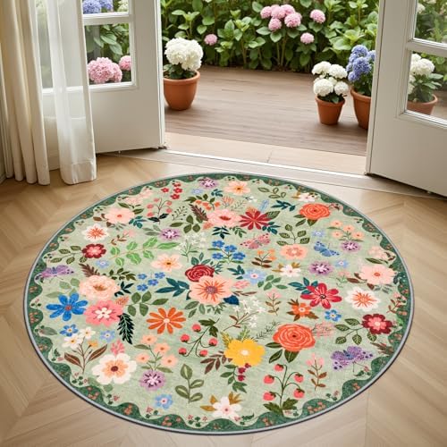 PLHXFR Round Area Rug Living Room: 4 ft Floral Washable Soft Carpet Green - Image 2