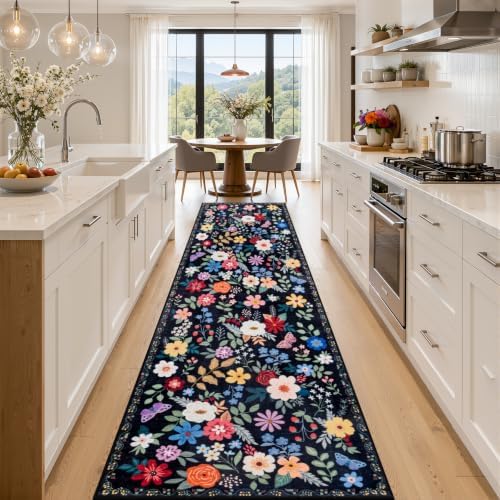 PLHXFR 2.6x14 Washable Runner Rug：Floral Indoor Kitchen Soft Carpet Black by PLHXFRSoftAreaRugs