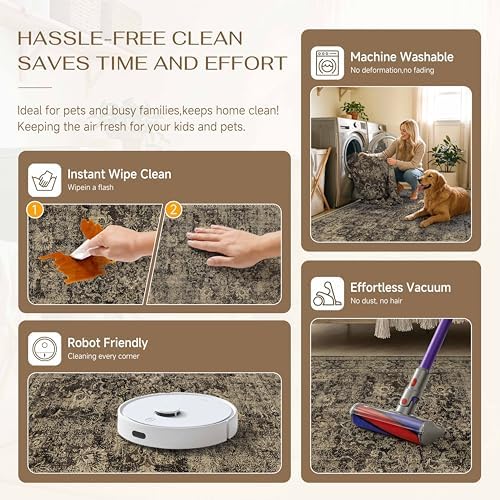 HUGEAR 6x9 Brown Retro Floral Washable Area Rug for Living Room - Image 6