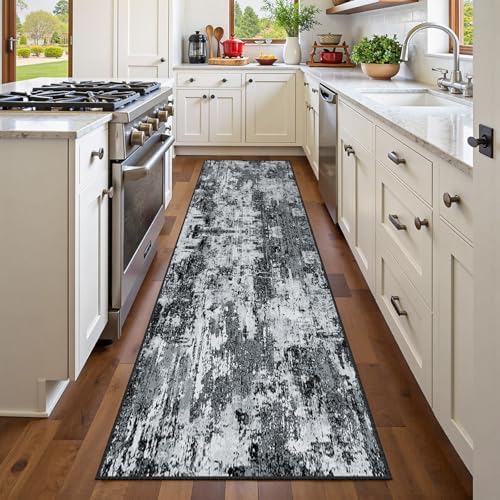 RELEANY Washable Runner 2'x10' Abstract Area Rug for Hallway Black White by RELEANY