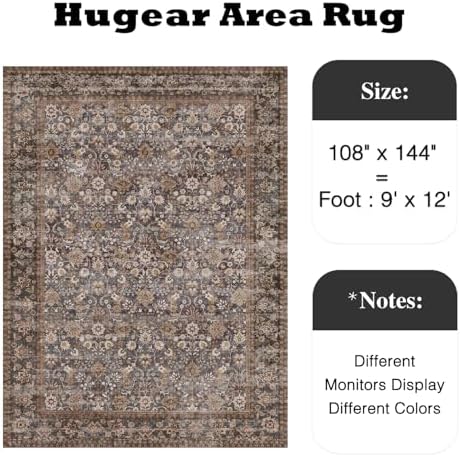 HUGEAR 9x12 Brown Blue Vintage Floral Washable Area Rug for Living Room - Image 2